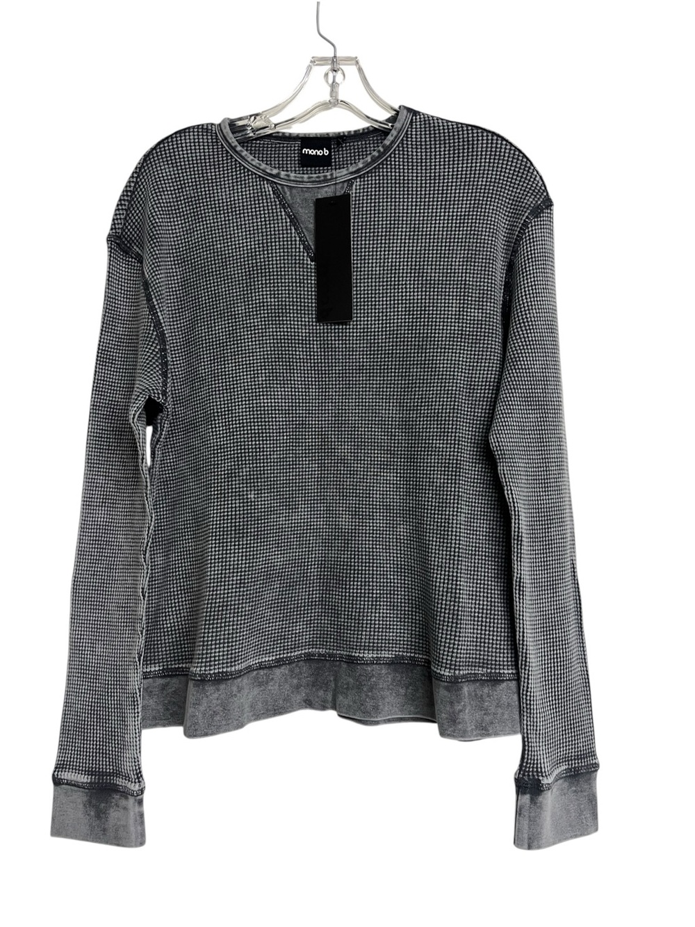 New Mono B Gray Waffle-Knit Crewneck Long Sleeve Shirt Granola Comfy Heritage